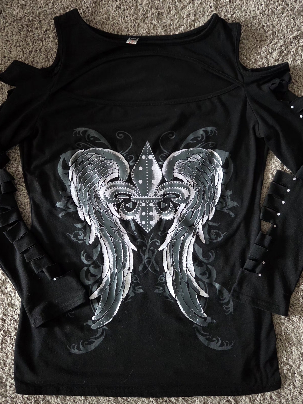 American Eagle Outfitters Black Cold-Shoulder Top with Silver Wing Graphic